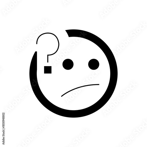 Simple black and white stylized icon of a puzzled face with a question mark and tilted head, conveying confusion or doubt.