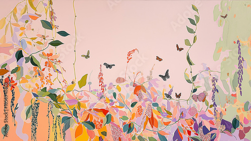 Painting depicts pastel flowers, vines, and flying butterflies. Perfect for nature themed designs, stationery, home decor, or spring themed projects.