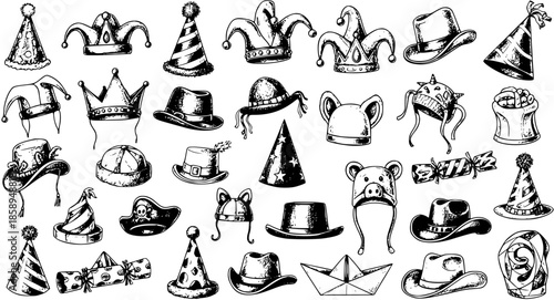 Black and White Line Art Collection of Diverse Party Hats and Headwear for Celebrations and Festivals