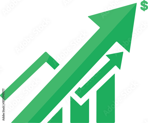A dynamic green vector graphic featuring rising bar charts and an upward-pointing arrow with a dollar sign, representing financial growth, market success, and increasing business profits.