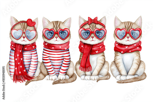 Four adorable kittens dressed in heart glasses and red scarves, perfect for pet related designs, greeting cards, and valentines day themes.