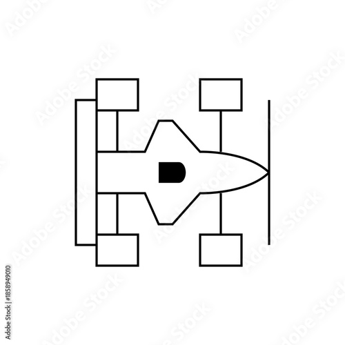Top-down view of a stylized racing car with four wheels on a track, ready for competition, clean lines