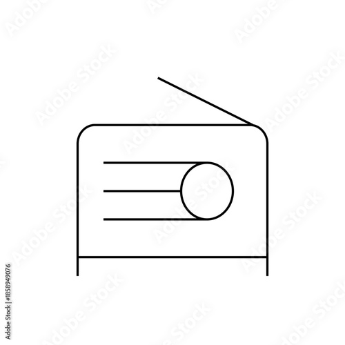 Minimalist line art illustration of an old-fashioned portable radio with an antenna, representing broadcast and audio technology.