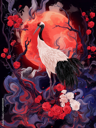 Red crowned crane and roses with moon background. Suitable for nature, floral, wildlife, or night themed design projects and products.