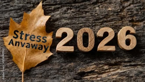 A close-up, warm-toned shot captures a human hand delicately placing a dried, textured autumn leaf onto a rustic, weathered wooden surface. The leaf features stylized lettering subtly suggesting theme