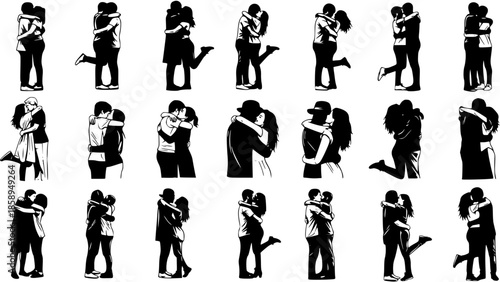 Romantic Couple Hugging Silhouette Collection, Black and White Vector Art, Love and Relationship Symbols