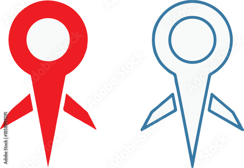 A pair of map pin icons in red and blue outline styles, featuring a unique tripod-like base for marking locations, destinations, or geographic points on digital maps and interfaces.