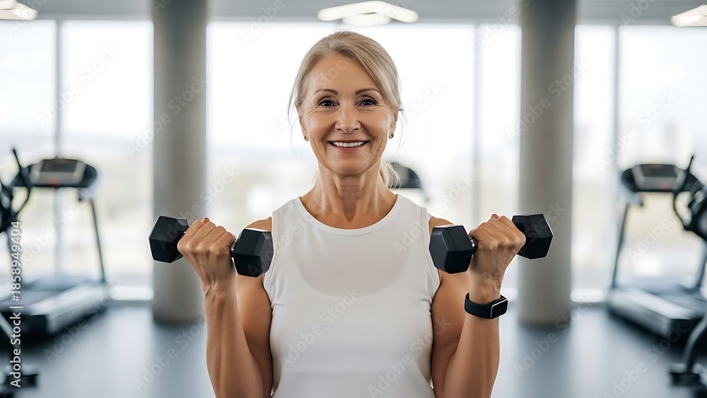 Fototapeta premium Confident senior woman maintaining a healthy lifestyle through strength training in a modern gym, smiling happily while lifting dumbbells, embodying active aging and well-being