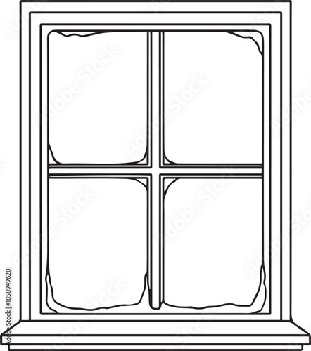 A black and white line art vector of a four-pane window with a sill, featuring frosted or snow-covered edges on the glass, evoking a cold winter or holiday theme.