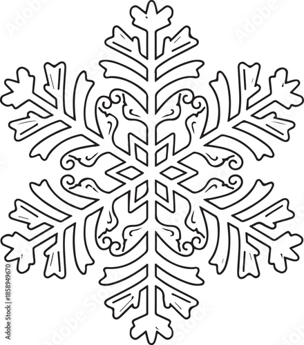 Detailed black and white line art vector of a complex snowflake with ornate, swirling geometric patterns and symmetrical branches, perfect for winter decorations and holiday designs.