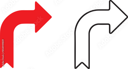 A dual-style vector set featuring a solid red and a thin black outline version of a 90-degree right-turn arrow with a stylish fishtail base.