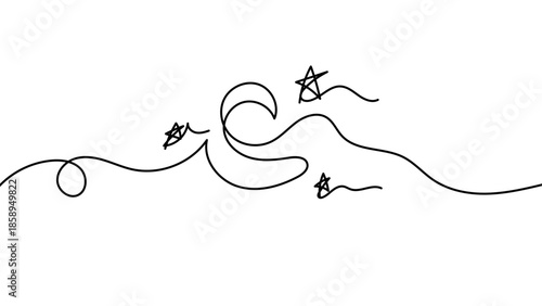 Continuous one line crescent moon with flying birds, Ramadan and Eid al Fitr spiritual celebration, minimalist Islamic linear vector illustration