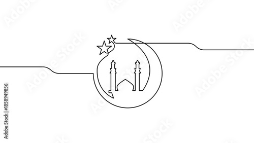 Continuous one line crescent moon with mosque illustration, Ramadan and Eid al Fitr Islamic spiritual concept, minimalist linear vector design