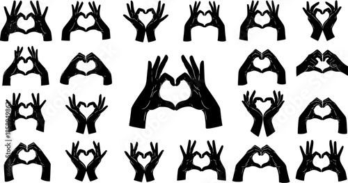 Set of Black and White Hand Gestures Forming Heart Shapes, Vector Icons for Love and Romance Themes