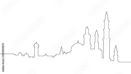 Continuous one line Islamic mosque city skyline illustration, Ramadan and Eid al Fitr architecture concept, minimalist linear vector design