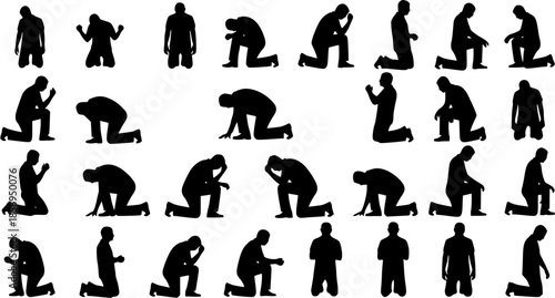 Black and White Silhouette Icons of People Praying, Kneeling, and Bowing in Various Poses, Religious and Spiritual Concepts