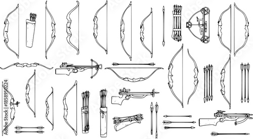 Vector Black and White Line Art Illustration of Various Bows, Crossbows, Quivers, and Arrows - Archery and Hunting Equipment Collection