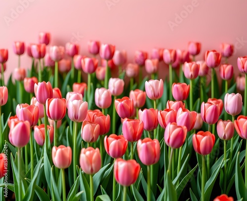 Vibrant Springtime Scene with Blooming Pink and White Tulips Showcasing Natural Beauty and Freshness in a Soft Pastel Setting