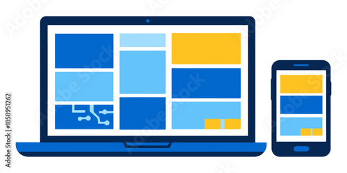 Responsive web interface layout on laptop and smartphone flat illustration