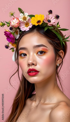 Vibrant Portrait of a Young Woman with Floral Headpiece Against a Soft Pink Background, Showcasing Bold Makeup and Natural Beauty Aesthetics