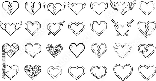 Collection of Heart Icons in Black and White Line Art Style for Valentine's Day, Love, and Emotions
