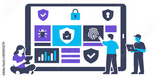 Cybersecurity dashboard interface with data protection and biometric authentication illustration