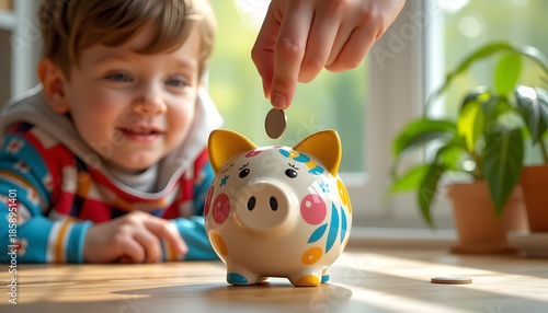 Whimsical Close-Up of a Young Child Inserting a Coin into a Colorful Piggy Bank with Natural Light and Cheerful Atmosphere for Financial Education Concepts