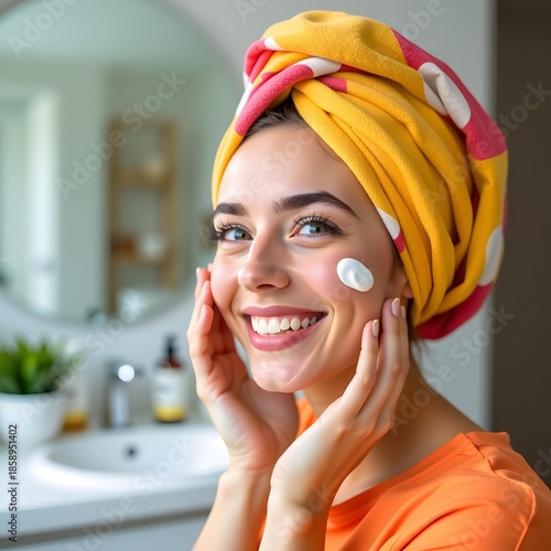 Vibrant Close-Up Shot of a Smiling Woman with Skincare Cream on Her Face in a Bright Bathroom Setting