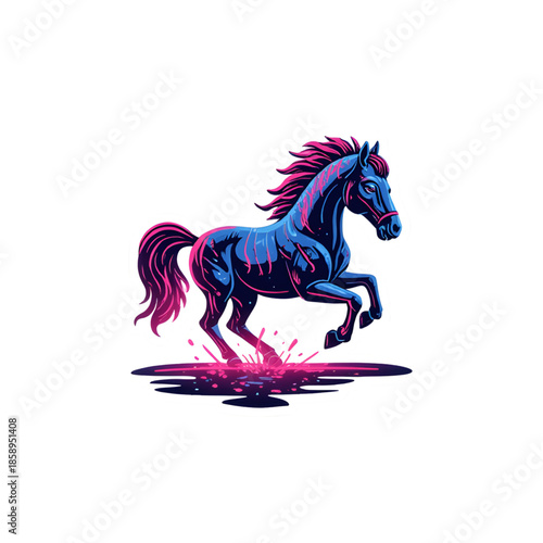 A futuristic cyberpunk horse galloping, glowing neon blue and pink outlines, holographic effects, metallic chrome body with circuit patterns