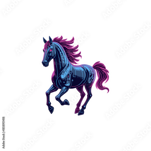 A futuristic cyberpunk horse galloping, glowing neon blue and pink outlines, holographic effects, metallic chrome body with circuit patterns