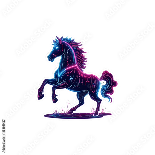 A futuristic cyberpunk horse galloping, glowing neon blue and pink outlines, holographic effects, metallic chrome body with circuit patterns