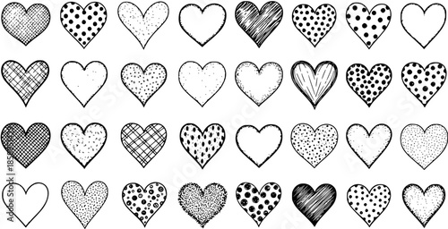 Hand-drawn heart icons in black and white line art style, Valentine's Day, love, romance, emotions, decoration, and design elements