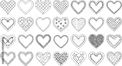Black and White Line Art Illustration of Assorted Decorative Hearts, Valentine's Day Theme
