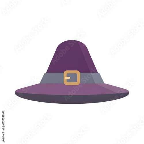 Whimsical purple witch hat with a wide brim and a golden buckle on a grey band, a perfect enchanting accessory illustration for Halloween festivities, costume events.