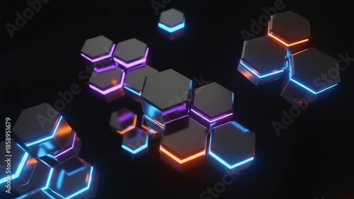 Colorful hexagonal shapes glowing in a dark space