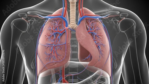 Detailed anatomical view of human lungs and respiratory system highlighted within a transparent body