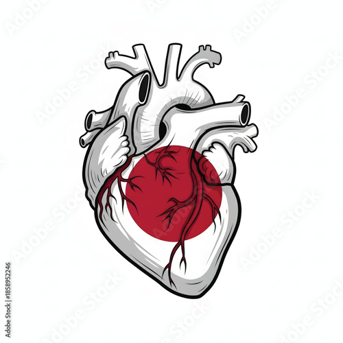 Anatomical heart illustration with Japanese flag colors, symbolizing national health or love for Japan