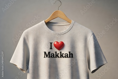 White t-shirt with “I Love Mecca” text design representing travel, faith, and cultural pride