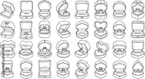 Jewelry Ring Boxes Outline Art Set. Hand-drawn collection of black and white line art icons featuring empty and engagement ring boxes for wedding, proposal, luxury, and retail industry designs.