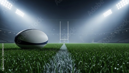 A rugby ball rests on a vibrant green grass field under bright stadium lights with goalposts in the background, ready for a match.