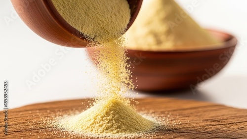 Pouring nutritional yeast onto wooden surface