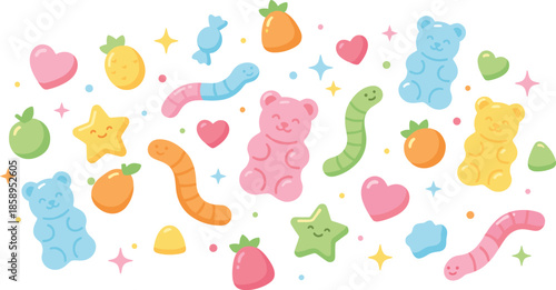 Colorful candy and fruit illustration, gummy bears, gummy worms, sweet treats, playful dessert background, cheerful kids snack design, vector art