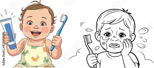 Happy baby brushing teeth, sad child with toothache, dental hygiene, oral care, kids emotions, toothbrush, toothpaste, pediatric health illustration