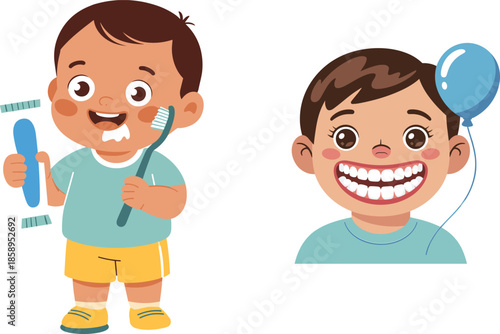 Smiling children brushing teeth, dental hygiene routine, clean teeth, toothpaste and toothbrush, cartoon health illustration, oral care for kids