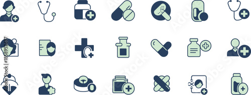 Minimal medical icons set, healthcare symbols, blue green theme, medicine, treatment, pills, doctor, nurse, patient, stethoscope
