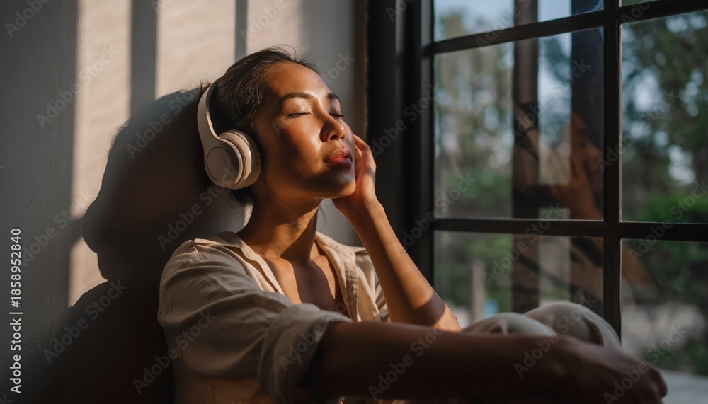 Fototapeta premium Woman listening to music by window, practicing emotional self care