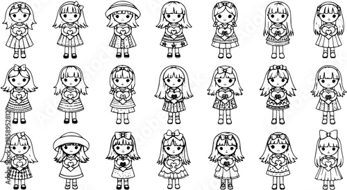Black and White Line Art of Cute Kawaii Dolls Holding Hearts, Vector Illustration
