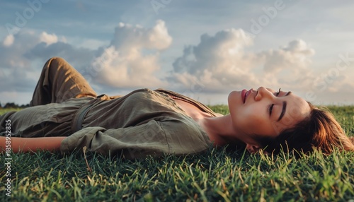 Woman resting on grass enjoying nature and peaceful mental relaxation
