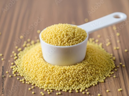 Measuring cup filled with yellow couscous. Measuring millet grains on wooden surface