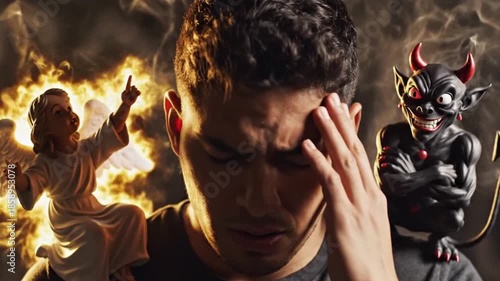 Man Torn Between Angel and Devil Symbolizing Moral Dilemma.